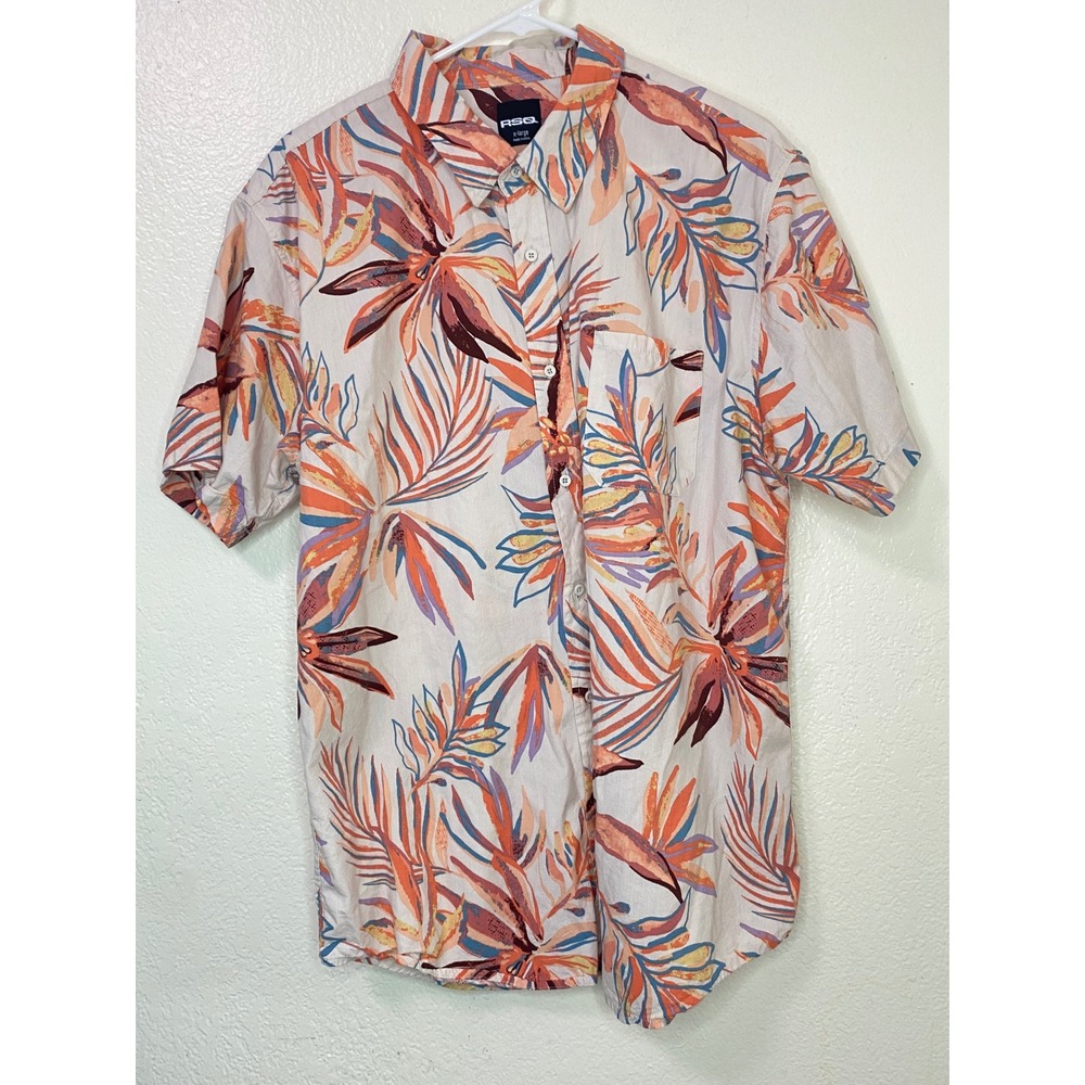 RSQ Mens XL Tropical Leaf Print Short Sleeve Button Down Shirt Cotton Blend